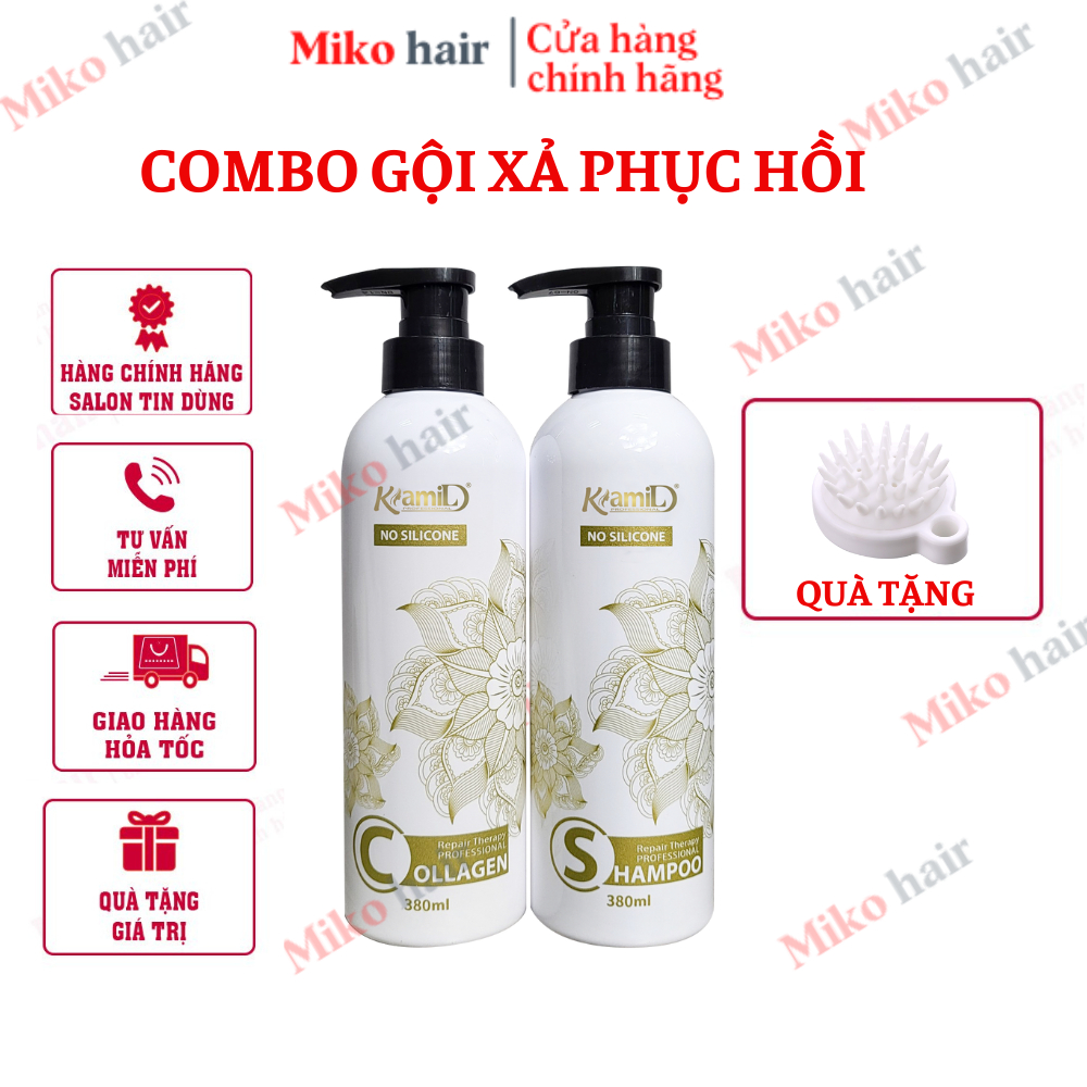 Combo Dầu Gội, Dầu Xả Collagen KAMI Dưỡng tóc khô xơ rối Vào Nếp Suôn mượt mikoshop 380ml Tặng lược gội đầu