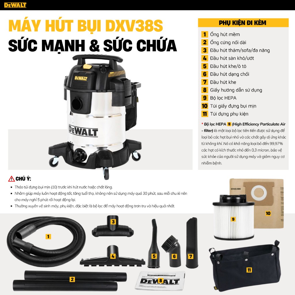 Máy hút bụi Công nghiệp 38L Dewalt DXV38S (5.0 Peak HP) hút bụi khô, ướt, thổi - Hàng chính hãng