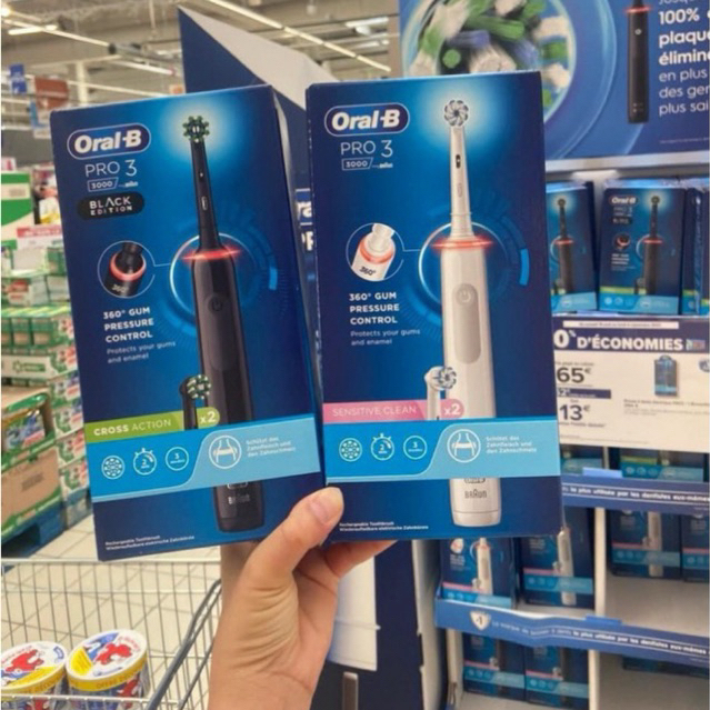 BÀN CHẢI ĐIỆN ORAL B PRO 3 3000 SENSI CROSS ACTION ĐEN TRẮNG MẪU MỚI 2 ĐẦU (BILL PHÁP)