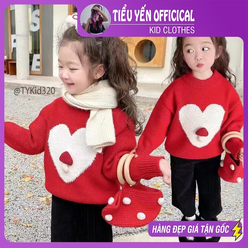 Quần áo trẻ em, Áo len đỏ bé gái mặc Noel - Tết, họa tiết trái tim cho bé 12-30kg A320 | Tiểu Yến KID