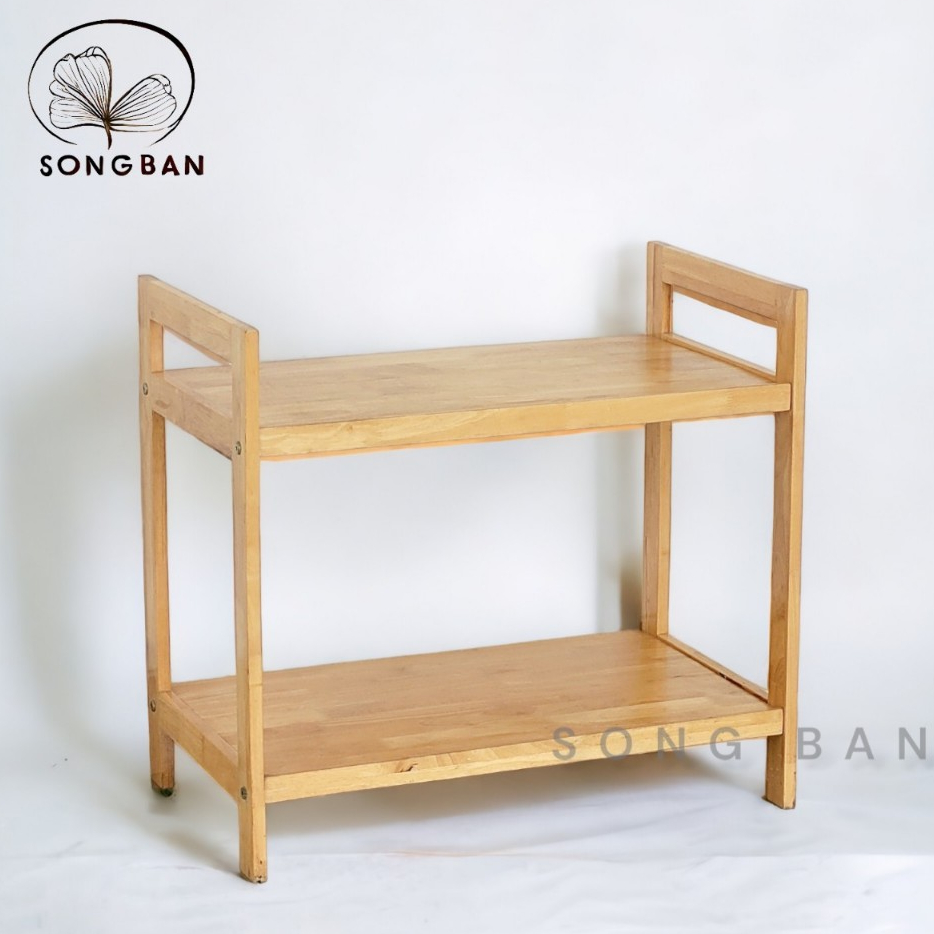 Kệ Gỗ Cao Su 2 Tầng Ngang 63cm Để Dụng Cụ Bếp, Lò Viba, Lò Nướng, Nồi Cơm Điện - Hàng VN Xuất Khẩu