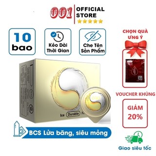 Bao cao su siêu mỏng 001 Lửa băng, Hộp 10c, bcs nhiều gel bôi trơn, bcs mỏng 0.01, kéo dài thời gian qh - 001STORE