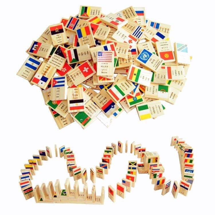 Bộ domino 100 lá cờ các quốc gia bằng gỗ 4 thứ tiếng