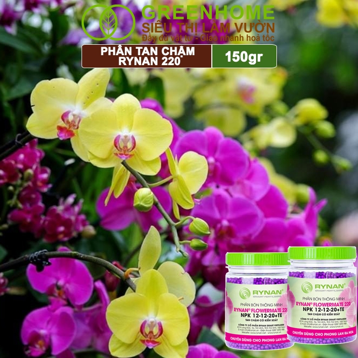 Phân Tan Chậm Greenhome, Rynan 220, Chai 150gr, Dùng Cho Phong Lan Ra Hoa, Giúp Hoa Bền Màu, Cánh Dày, To, Thơm Lâu