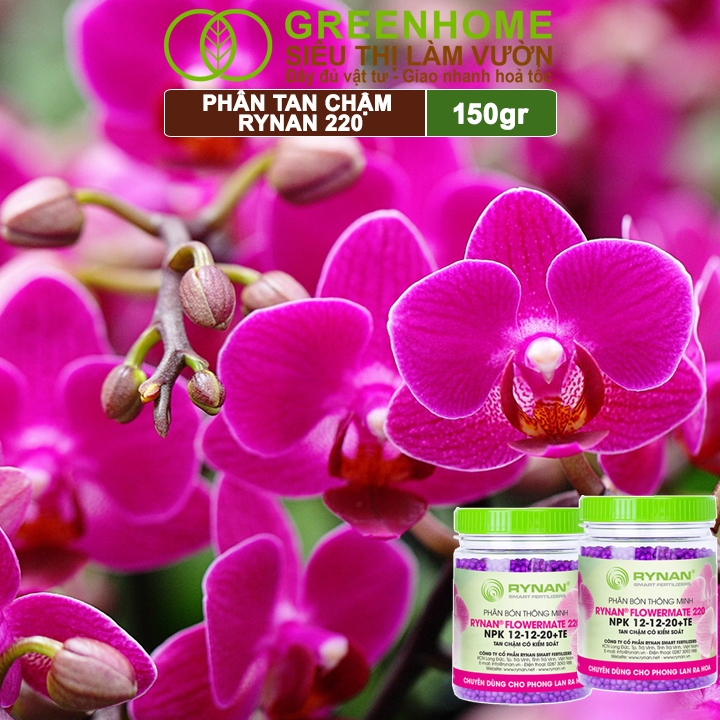 Phân Tan Chậm Greenhome, Rynan 220, Chai 150gr, Dùng Cho Phong Lan Ra Hoa, Giúp Hoa Bền Màu, Cánh Dày, To, Thơm Lâu