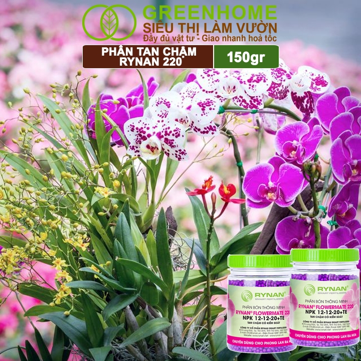 Phân Tan Chậm Greenhome, Rynan 220, Chai 150gr, Dùng Cho Phong Lan Ra Hoa, Giúp Hoa Bền Màu, Cánh Dày, To, Thơm Lâu
