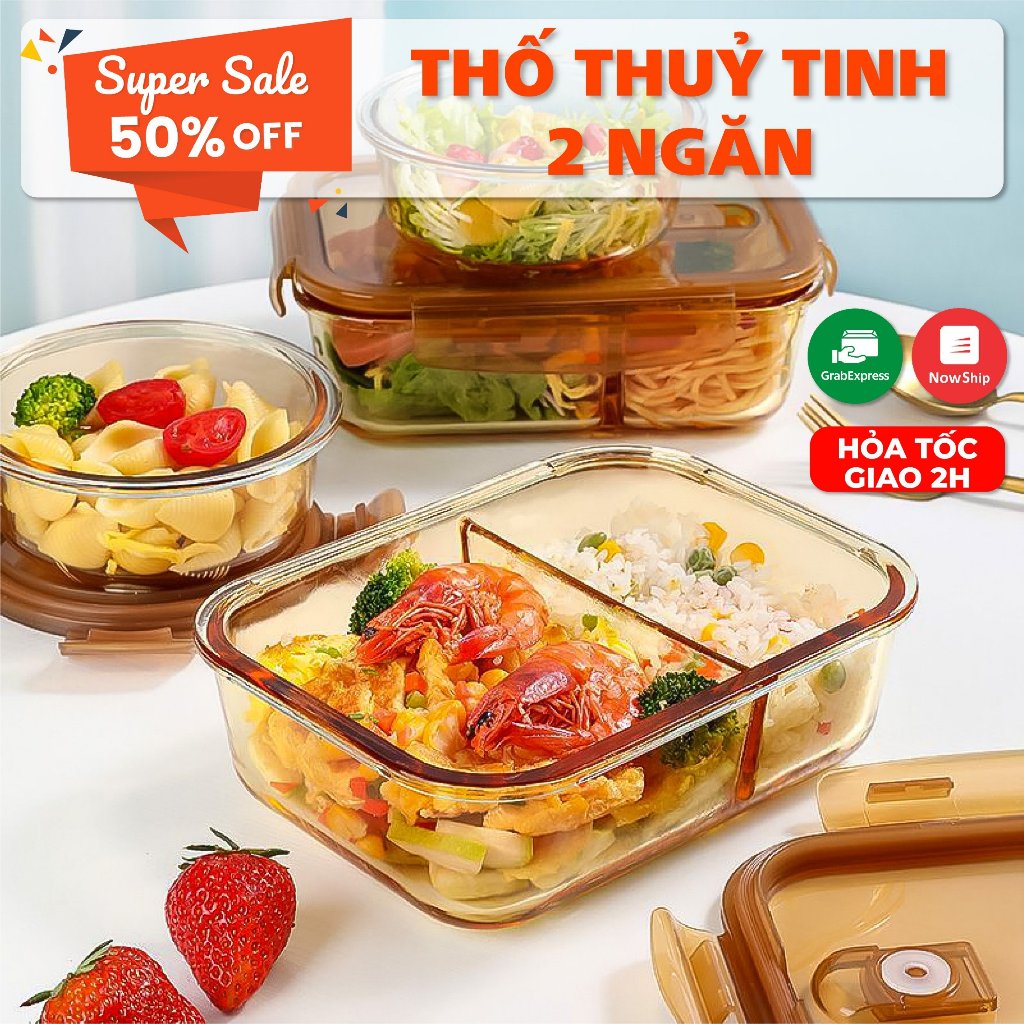 Hộp Cơm Thủy Tinh 3 Ngăn Đựng Thức Ăn Cao Cấp Quay An Toàn Trong Lò Vi Sóng