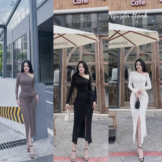 Đầm body xẻ tà lệch vai đính hoa tay dài dự tiệc