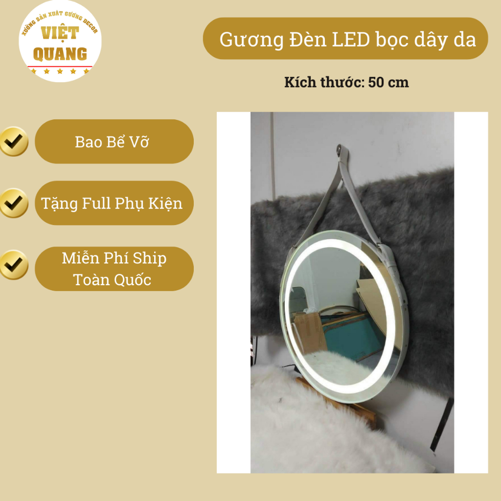 Gương Tròn Cảm Ứng Đèn Led Ánh Sáng Vàng Trắng, Gương Treo Tường Dây Da Bò Đen Nâu Gương Việt Quang