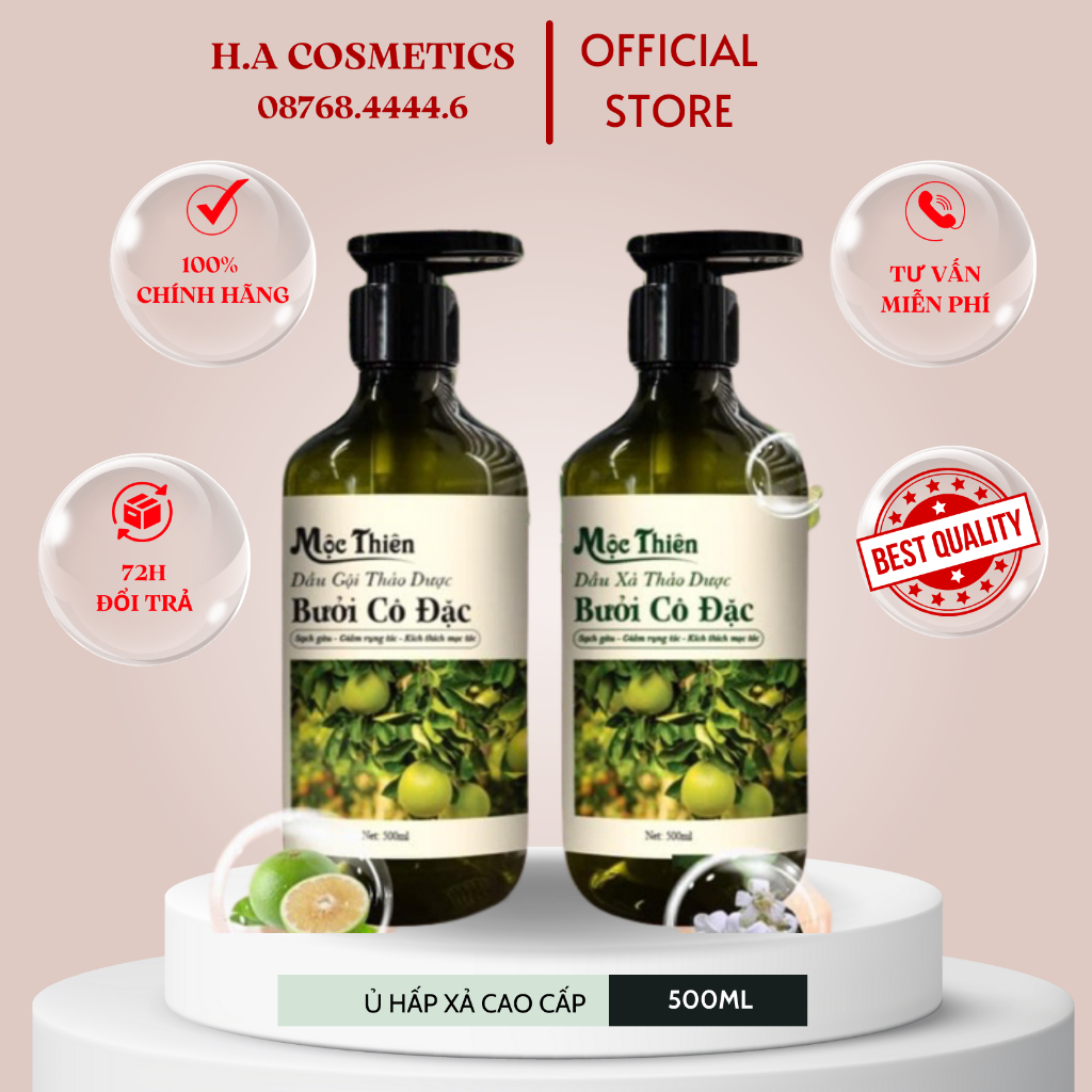 Dầu Gội Xả Bưởi Mộc Thiên, Mềm Mượt Phục Hồi Mọc Tóc 500ml x2