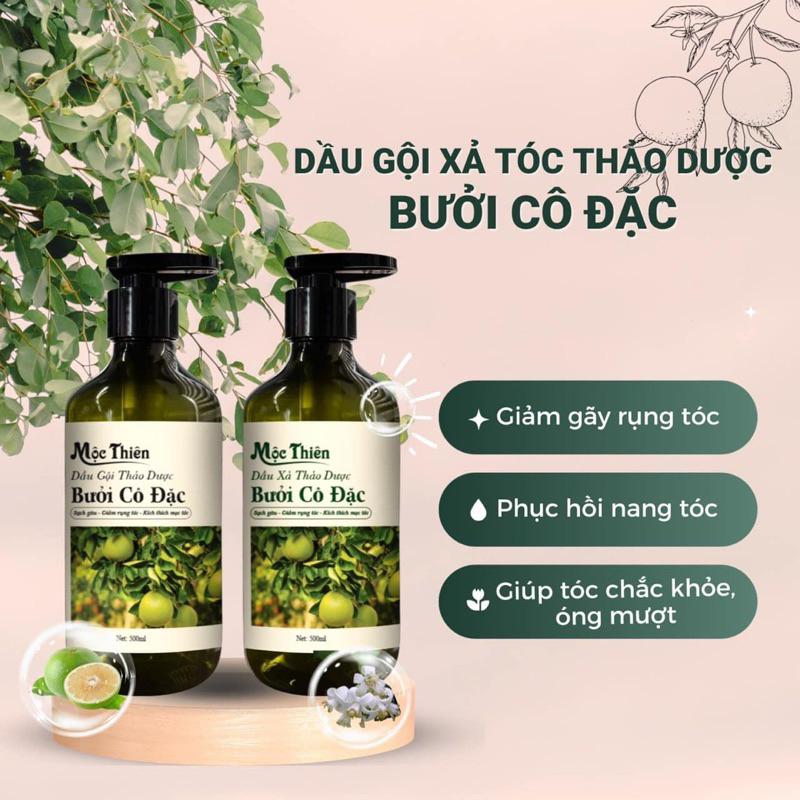 Dầu Gội Xả Bưởi Mộc Thiên, Mềm Mượt Phục Hồi Mọc Tóc 500ml x2