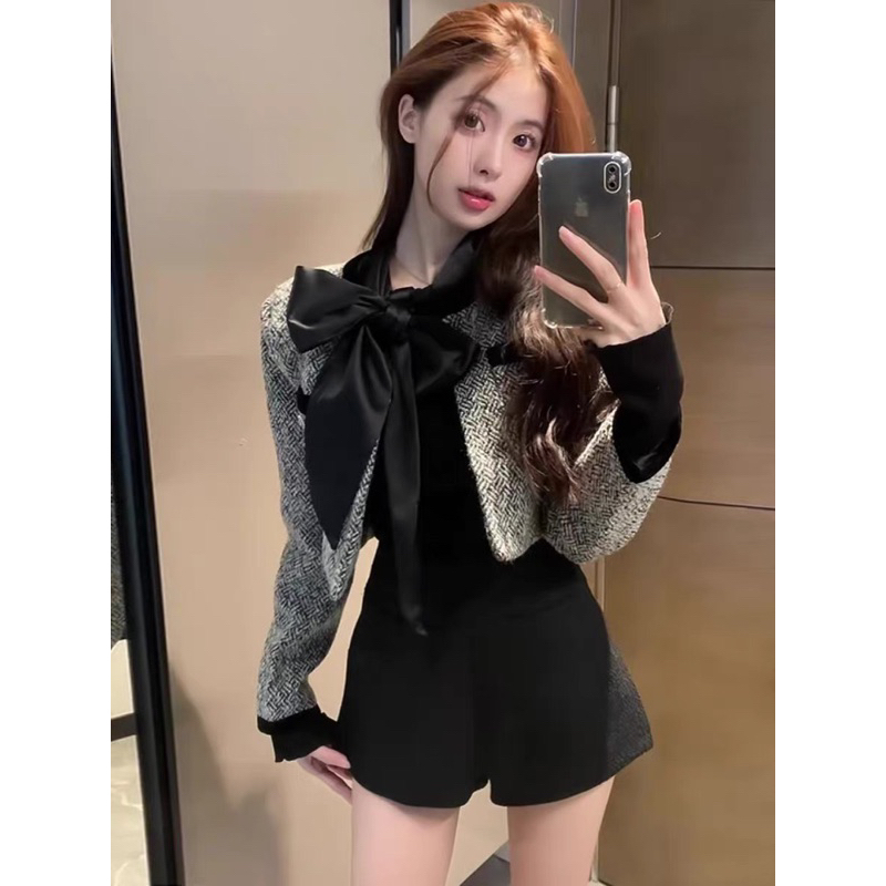 [ẢNH THẬT] SET DẠ PHỐI CỔ NƠ QUẦN SHORT NHUNG SDPCNQ