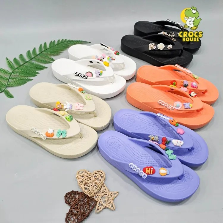 Dép xỏ ngón crocs baya platform flip nữ đế 3 phân tặng kèm 6 jibbitz sticker 2D, dép kẹp crocs nữ baya high 3cm