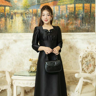Đầm Charmilles tay lỡ cổ nơ đính đá Đen 23MD321DE