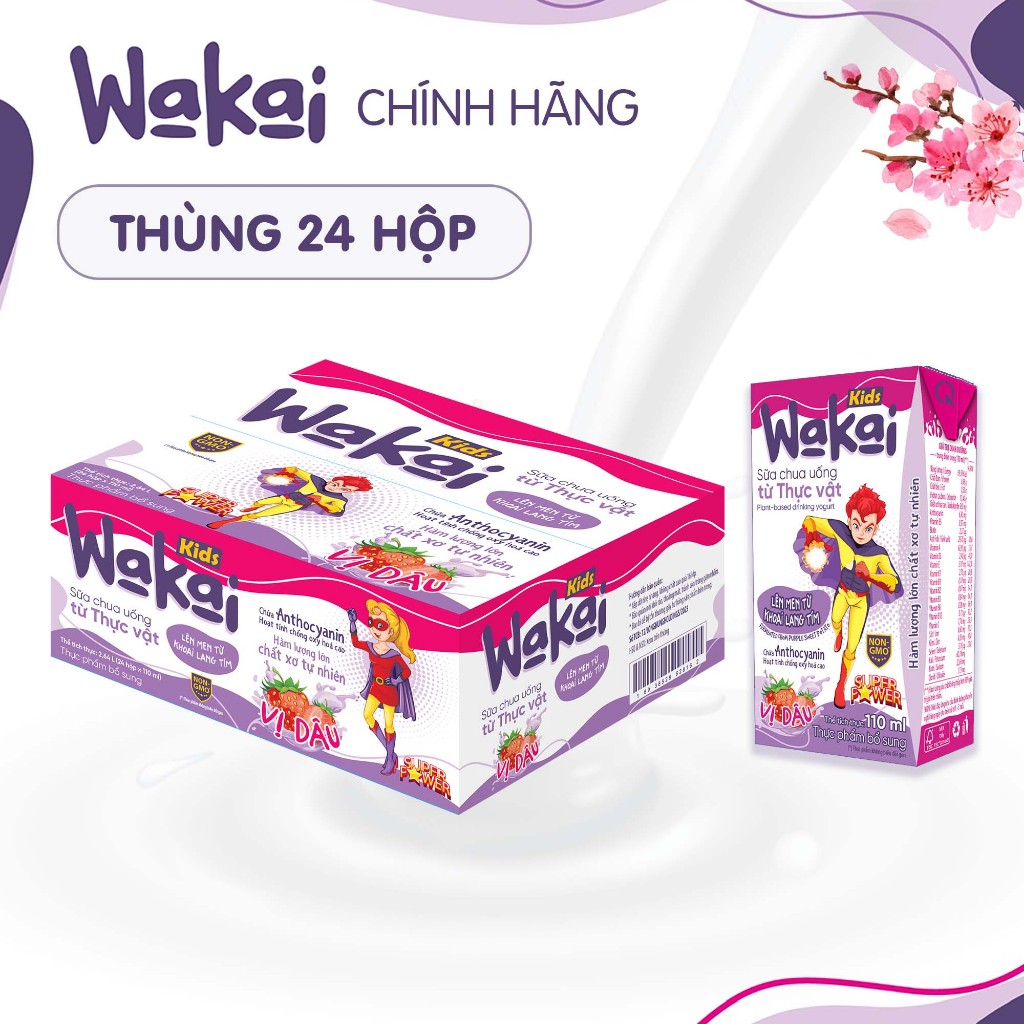 Thùng 24 Hộp Sữa Chua Uống Thực Vật Wakai Kids (110ml x 24 hộp)