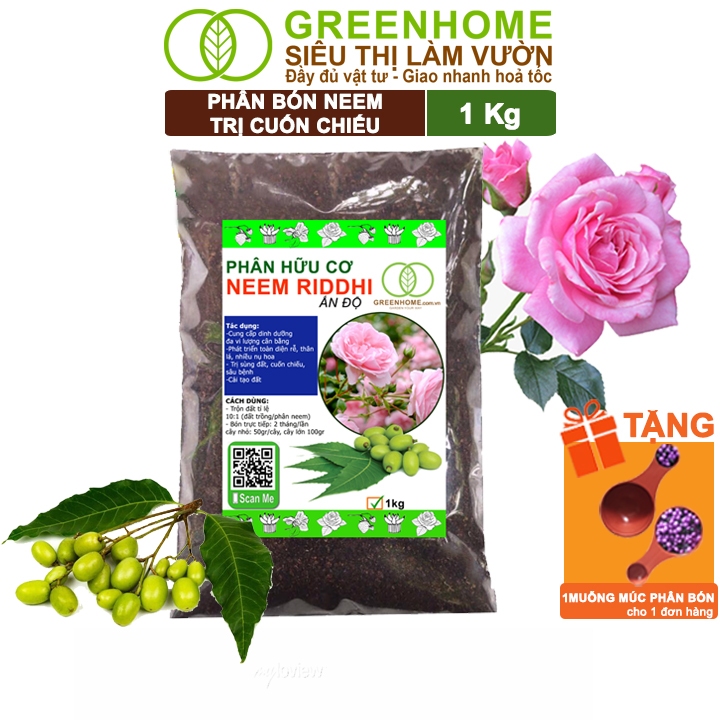 Phân Bón Neem Cake Greenhome, Bao 1kg, Hữu Cơ, Trị Cuốn Chiếu, Sùng Đất, Ốc Sên, Hỗ Trợ Kích Rễ, Hoa Hồng, Rau, Cây Cảnh