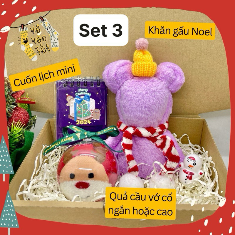 Set quà Giáng sinh gồm KHĂN GẤU NOEL, QUẢ CẦU VỚ, LỊCH MINI - GỒM HỘP KRAFT GIẤY LÓT