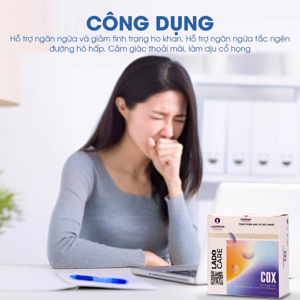 Viên uống Ladophar LadoCare Cox giúp hỗ trợ giảm ho , giảm đờm viêm học, viên phế quản