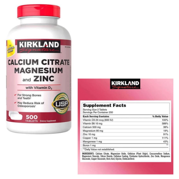 Viên uống chắc xương Kirkland Signature Calcium Citrate Magnesium And Zinc 500mg hộp 500 viên Maxwell68