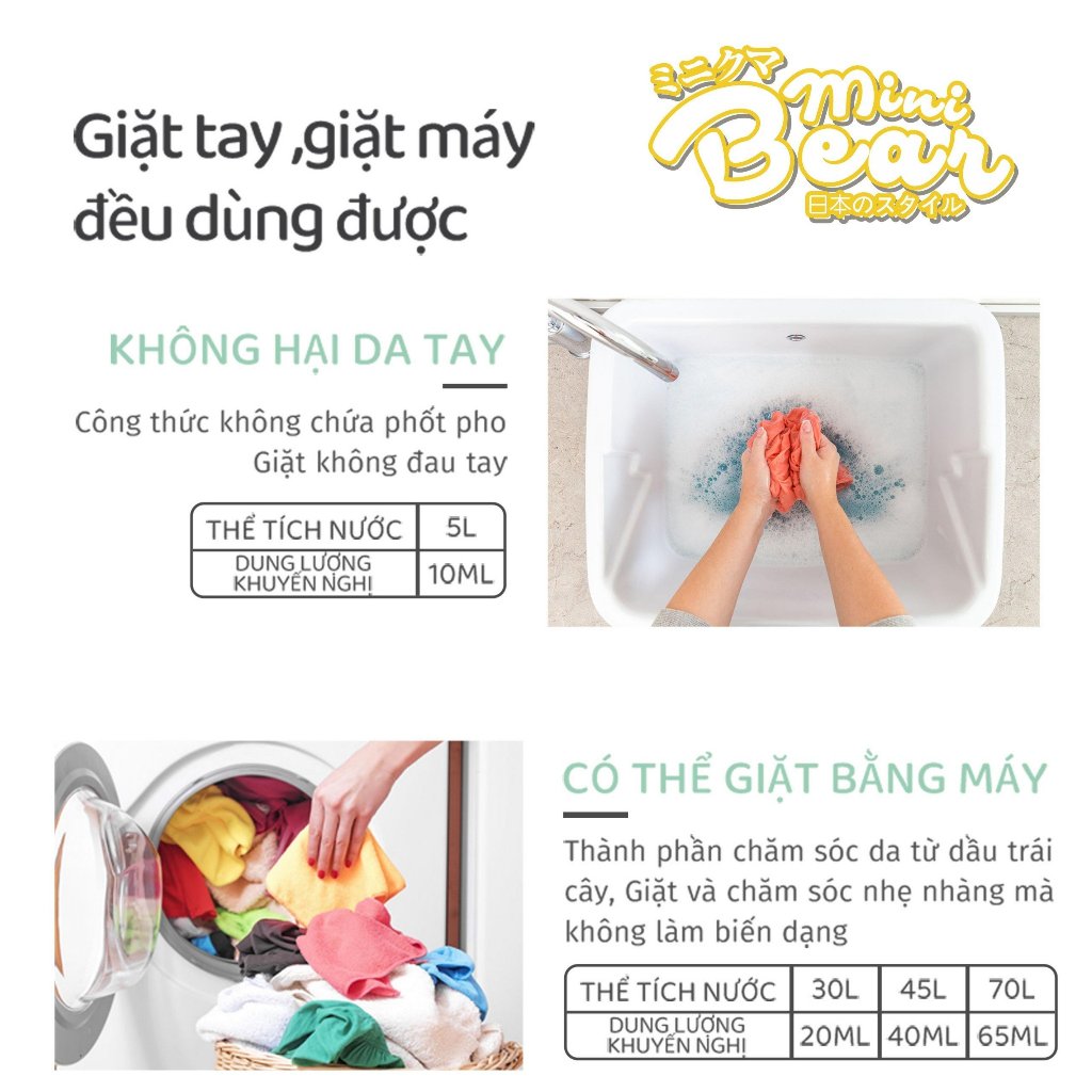 Nước giặt xả nước hoa Minibear 2 in 1, giặt siêu sạch, thân thiện làn da, chuyên dùng cho mẹ&bé.