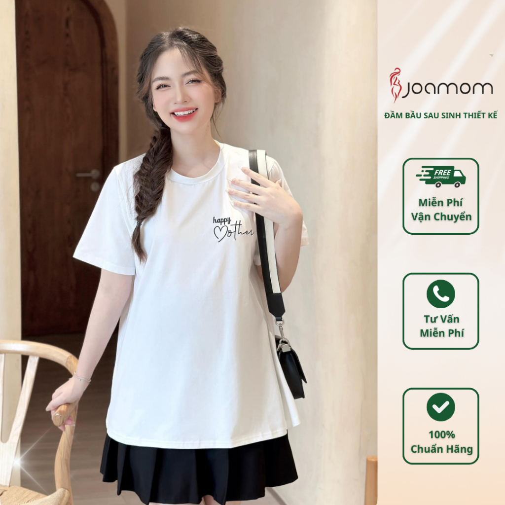 Áo phông bầu và sau sinh thêu chữ Happy Mother cotton mềm mát Joamom