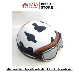 Mũ bảo hiểm bò sữa nửa đầu kèm kính xinh xắn, free size - màu trắng đen