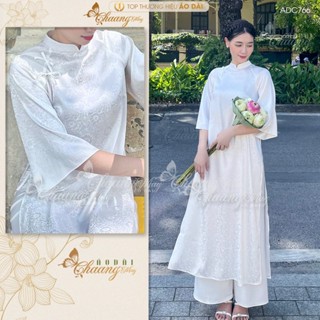 Áo dài Trắng cách tân nữ Gấm nơ Trung Dáng Suông Xưa Chaang may sẵn áo dài xuông rộng dự tiệc cưới lễ tết đẹp ADC766