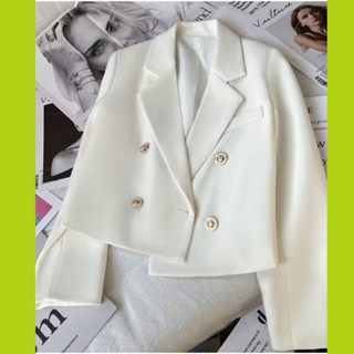 Blazer trắng tay dài 4 cúc có đệm cầu vai, áo khoác Áo vest nữ dáng ngắn mặc thu đông