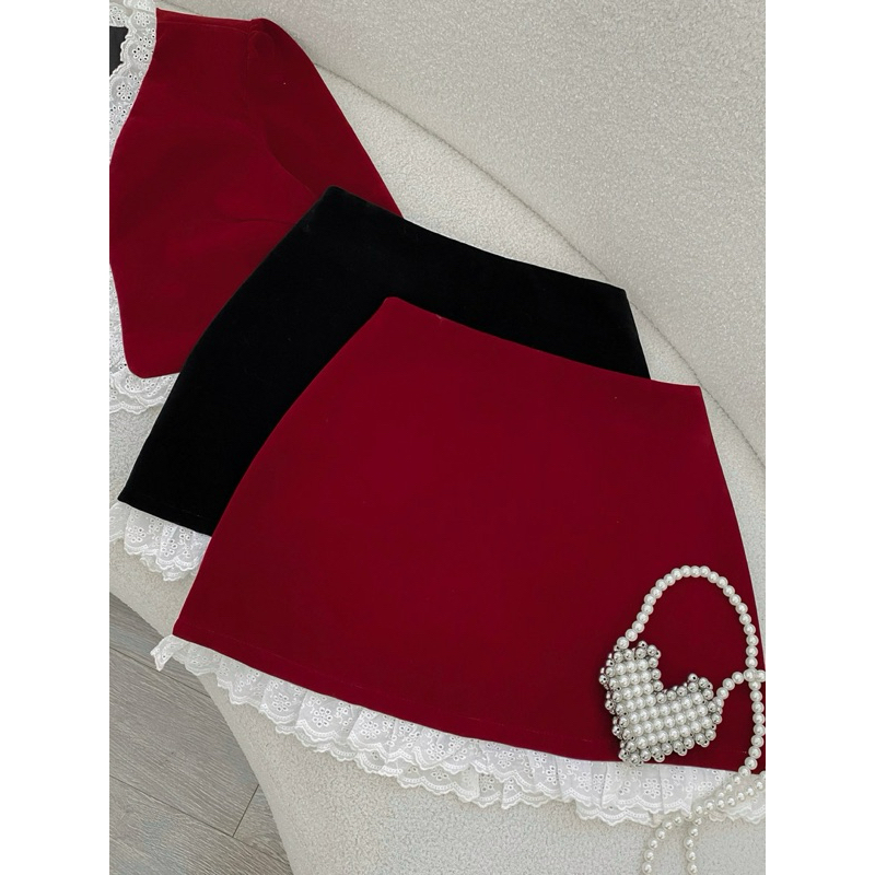 Set áo khoác nhung + chân váy + bra