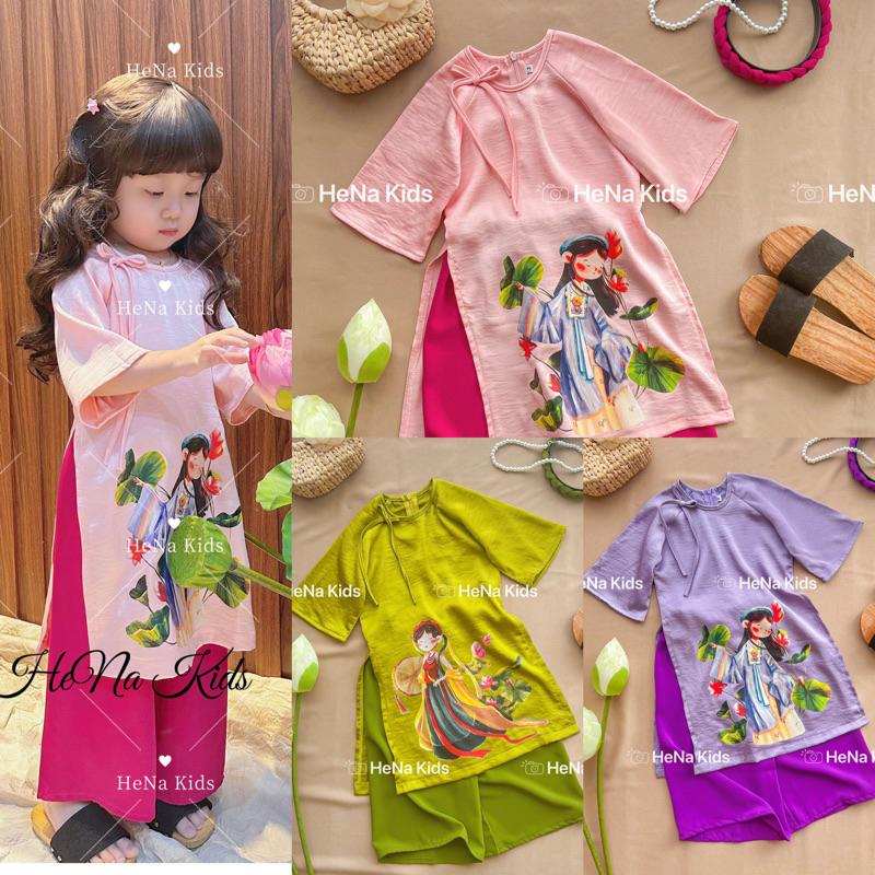 Bộ Áo Dài Cho Bé Gái Lụa In Hình Gồm Quần Và Áo