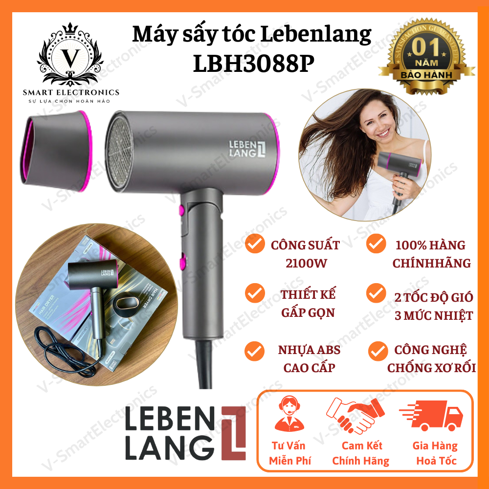 Máy sấy tóc Lebenlang LBH3088P, 2 chiều nóng lạnh, gấp gọn tiện lợi, chống xơ rối tóc bằng công nghệ ion, 2100W, BH 12T