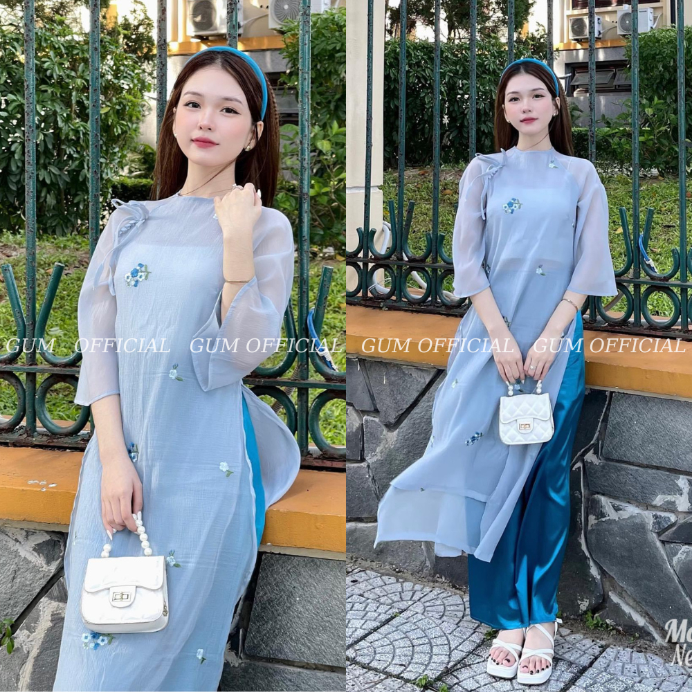 Áo dài cách tân 4 tà dáng suông thêu hoa nổi siêu xinh GUM OFFICIAL, Áo dài cách tân hoa cúc thêu nổi 4 màu