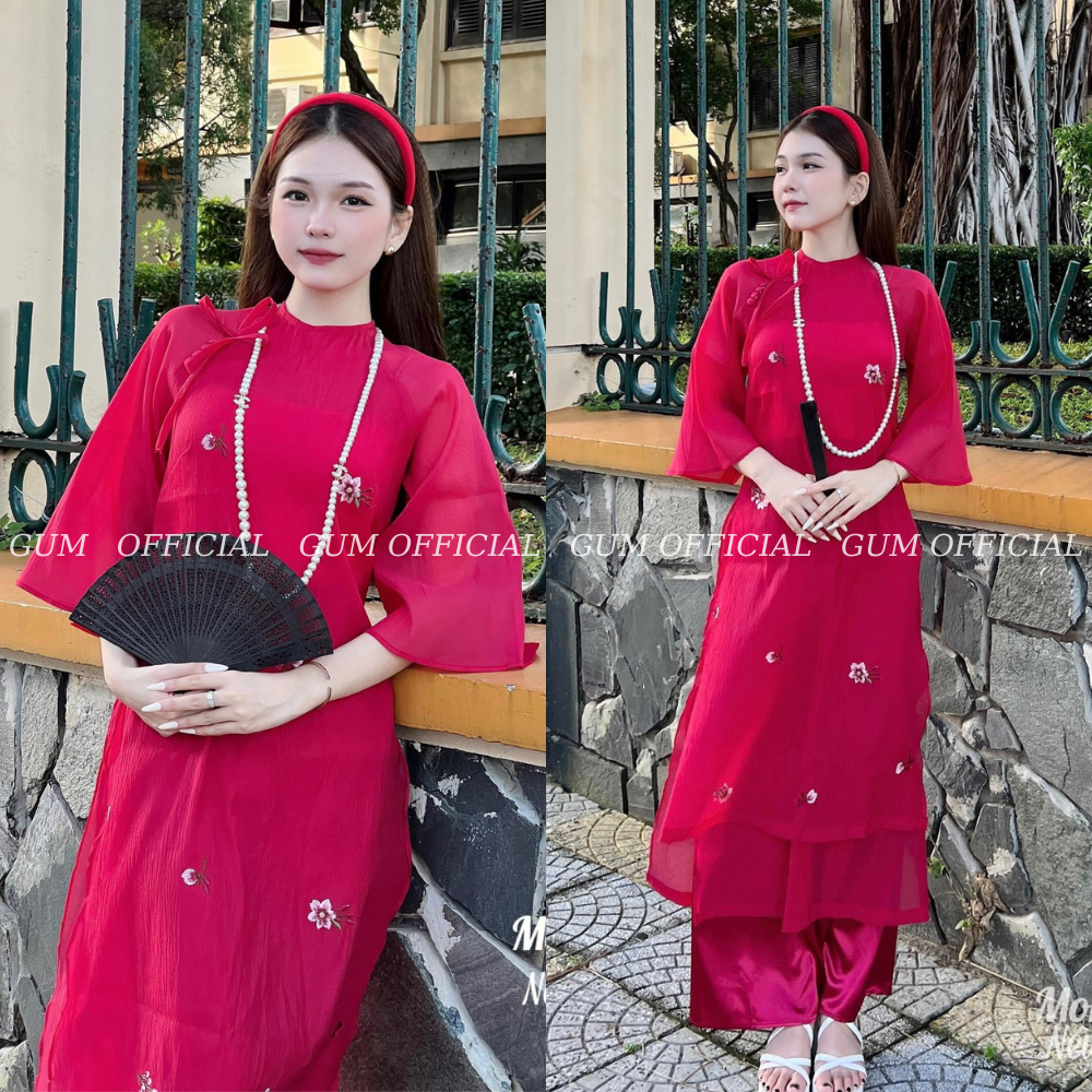 Áo dài cách tân 4 tà dáng suông thêu hoa nổi siêu xinh GUM OFFICIAL, Áo dài cách tân hoa cúc thêu nổi 4 màu