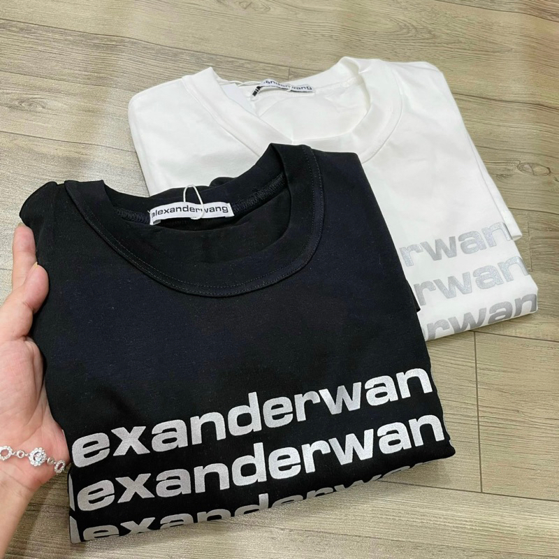 Áo Thun Tay Ngắn Cổ Tròn Alexanderwang Chữ In Nhũ Chuẩn Xịn