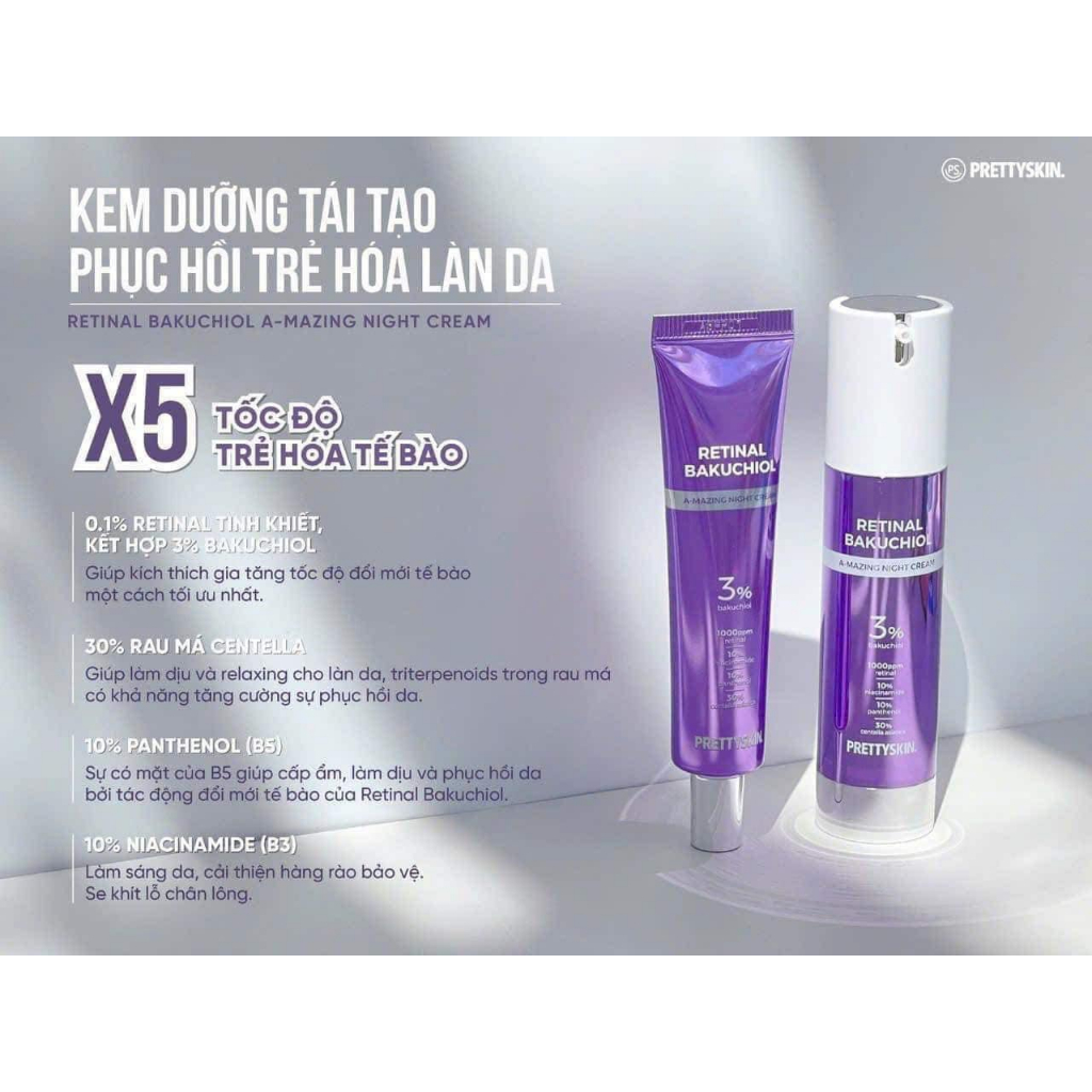 Combo Kem Dưỡng+Serum Retinal Bakuchiol A-Mazing Night Cream Chống lão hóa, Nám/ Tàn Nhang, Da sần,Lỗ Chân Lông To