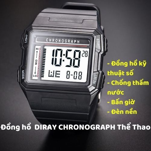 Đồng hồ Nam DIRAY CHRONOGRAPH Thể Thao Chống Thấm Nước Bấm Giờ Đèn Nền LED Kỹ Thuật Số