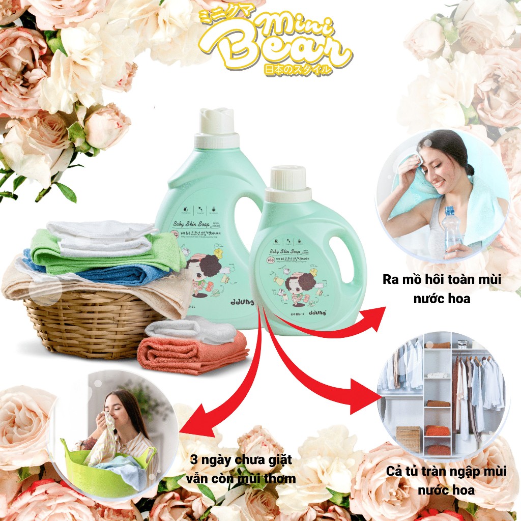 Nước giặt nước hoa Minibear 2 in 1, giặt sạch siêu thơm, mềm vải, bảo vệ da, chuyên dùng cho mẹ và bé, 2000ml.