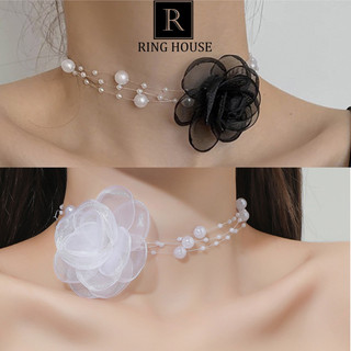 Choker vòng cổ nữ hoa hồng đen trắng vải cô dâu dự tiệc đẹp