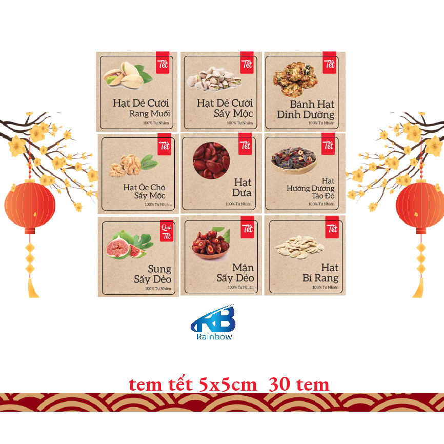 Set  30 Tem chữ tết, giấy karaft dán hộp, hủ, chai, lọ đựng mứt Tết, khô, hộp quà tặng đủ loại