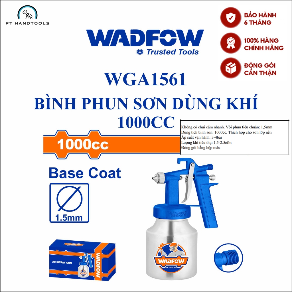 Súng phun sơn Wadfow 1000cc vòi tiêu chuẩn 1.5mm không có chui cắm nhanh WGA1561 - PT Handtools