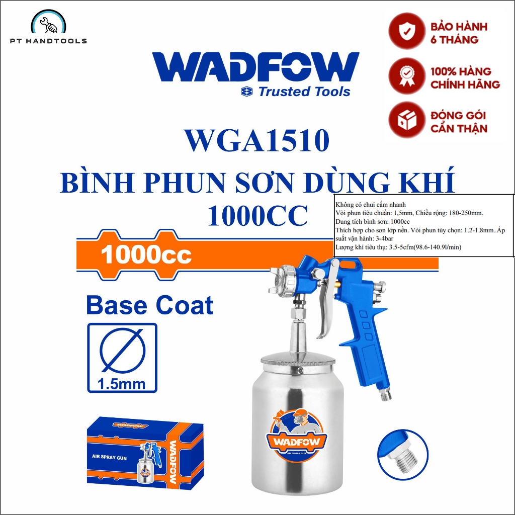 Súng phun sơn Wadfow 1000cc vòi tiêu chuẩn 1.5mm không có chui cắm nhanh WGA1510 - PT Handtools