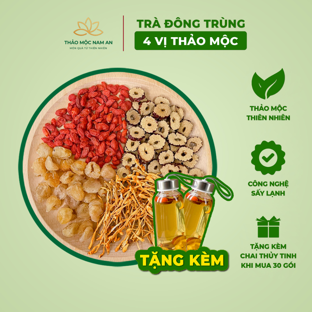 Trà Đông Trùng Hạ Thảo 4 Vị Thảo Mộc (Hộp 10/20/30 Gói) Đẹp Da, Chống Lão Hóa, Dễ Ngủ, Thanh Nhiệt