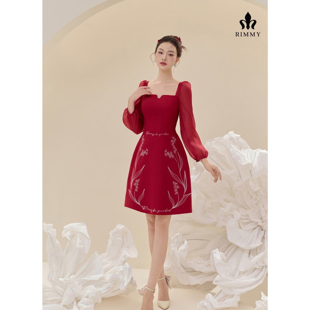 Đầm thiết kế đỏ phối tơ yêu kiều thêu cách điệu Malisa Dress by RIMMY