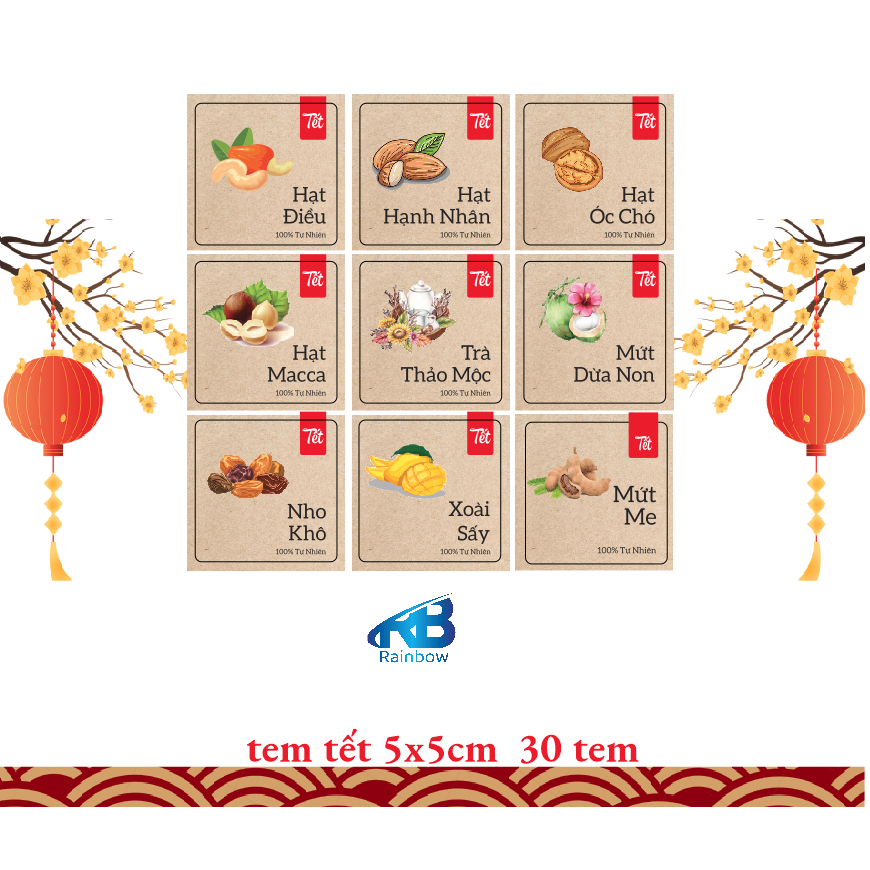 Set  30 Tem chữ tết, giấy karaft dán hộp, hủ, chai, lọ đựng mứt Tết, khô, hộp quà tặng đủ loại