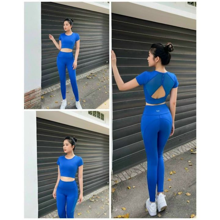 Đồ tập yoga nữ tập gym set bộ áo crop ngắn tay kèm mút, quần dài thun poly co dãn tốt phối lưới có túi