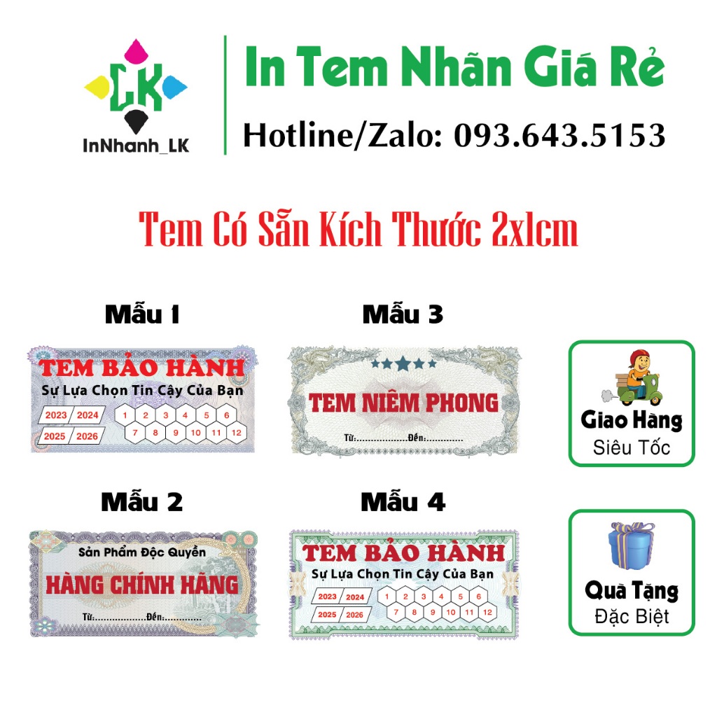 Tem vỡ, tem bảo hành, tem niêm phong, tem dán khi mở hàng, tem chống hàng giả, hàng có sẵn