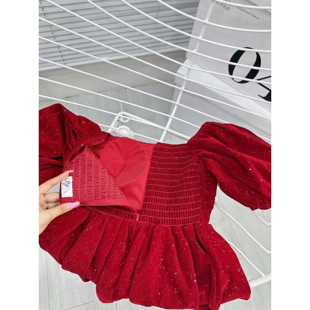 Đầm BBD nhung đỏ kim tuyến xếp ly ngực tay phồng noel/tết NÀNG CLOSET