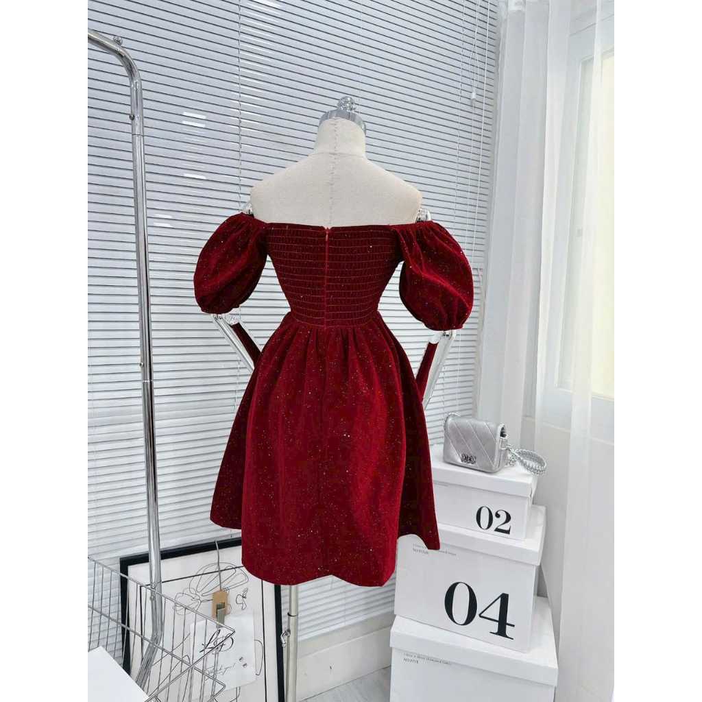 Đầm BBD nhung đỏ kim tuyến xếp ly ngực tay phồng noel/tết NÀNG CLOSET