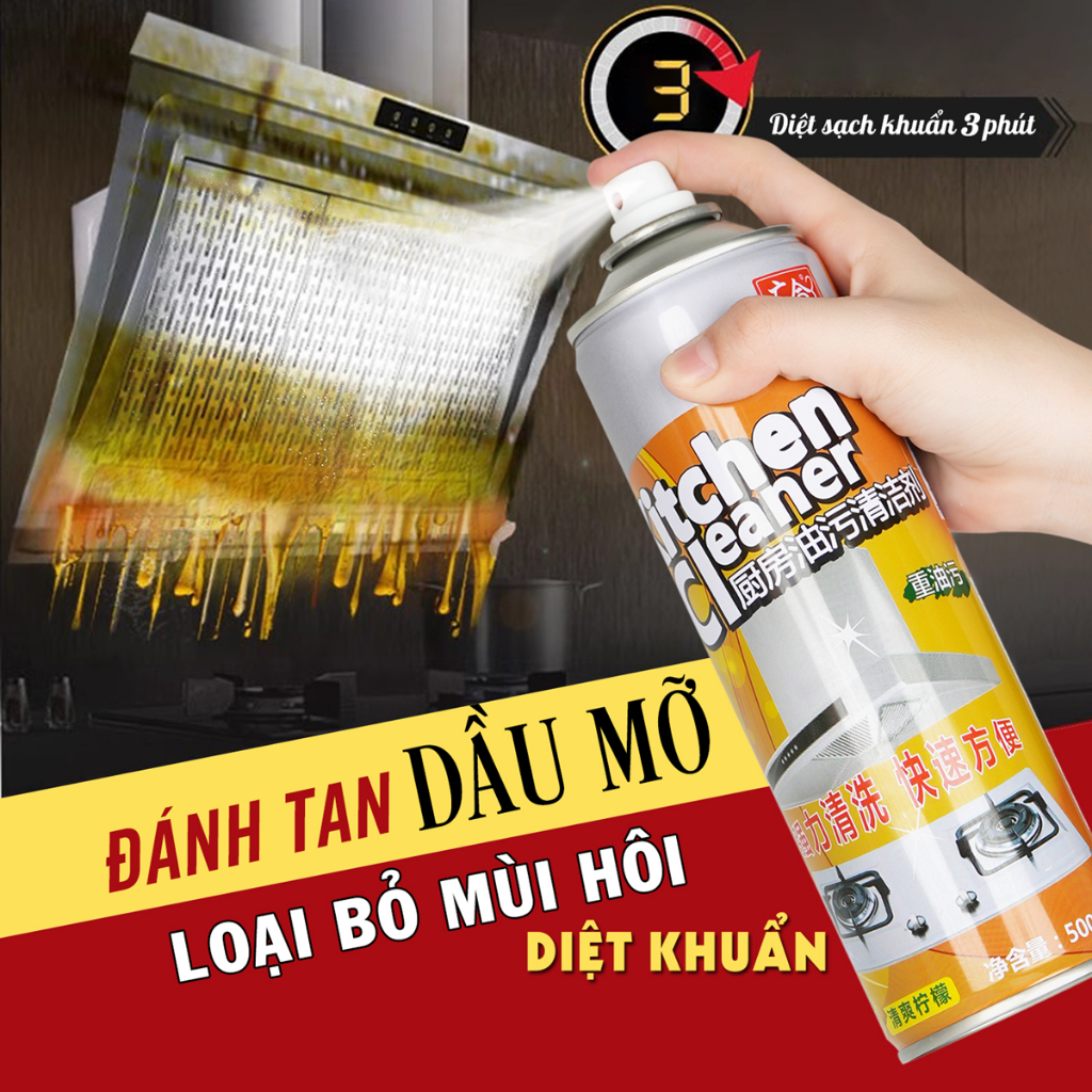 Bình xịt tẩy dầu mỡ nhà bếp rửa vệ sinh máy hút mùi chai nước lau bếp ga Kitchen Cleaner 500ml khử mùi diệt khuẩn