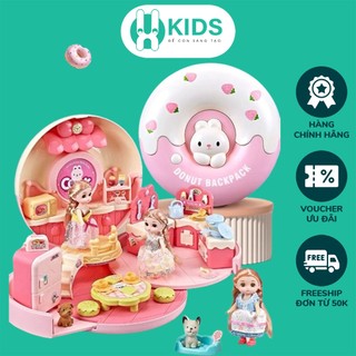 Đồ Chơi balo hình bánh donut 2in1 biến hình ngôi nhà búp bê chú thỏ đáng yêu kèm nhiều phụ kiện dễ thương cho bé gái